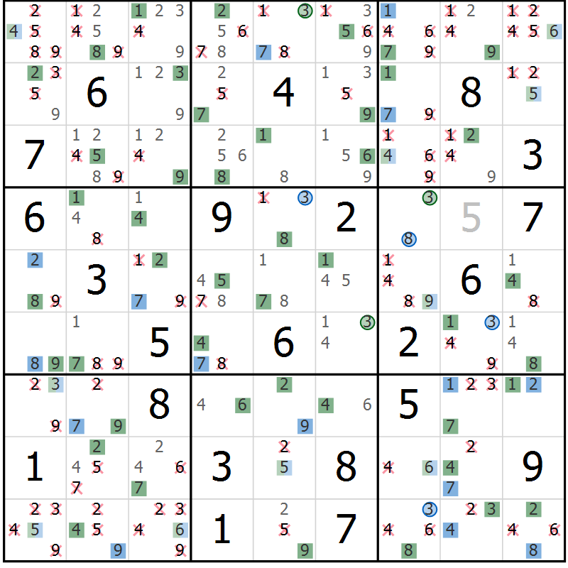 Position des candidats pour la solution de la Gr 13 page 16 du magazine de sudoku Suprême n° 030