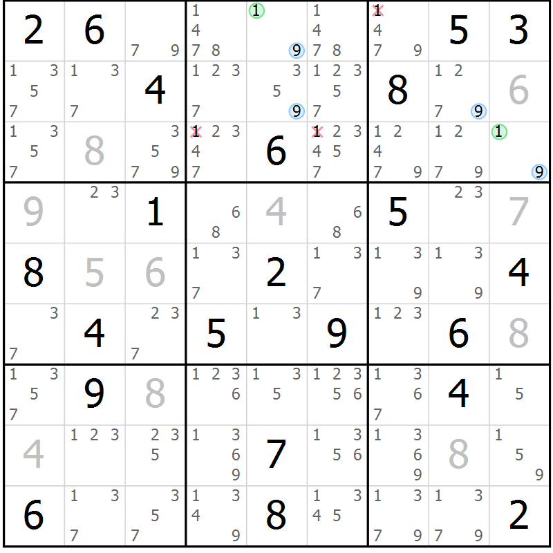 Position des candidats pour la solution de la Gr 14 page 17 du magazine de sudoku Suprême n° 030