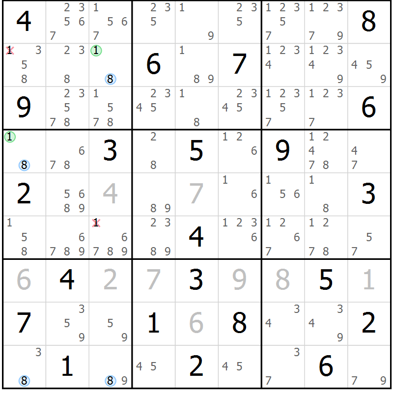 Position des candidats pour la solution de la Gr 16 page 19 du magazine de sudoku Suprême n° 030