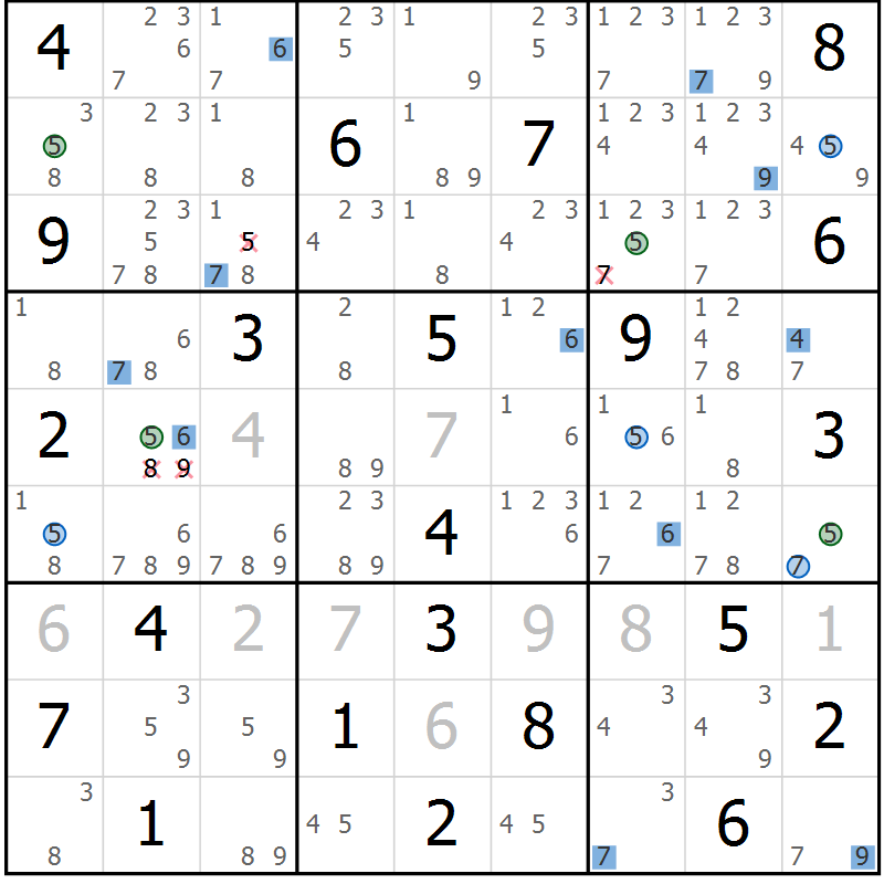 Position des candidats pour la solution de la Gr 16 page 19 du magazine de sudoku Suprême n° 030