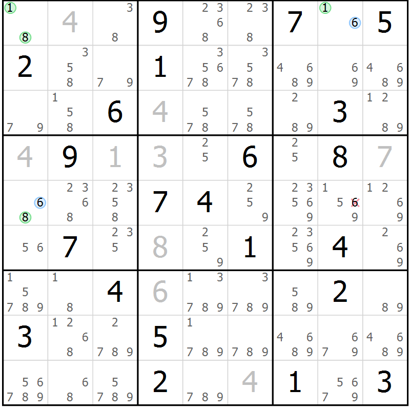 Position des candidats pour la solution de la Gr 17 page 20 du magazine de sudoku Suprême n° 030