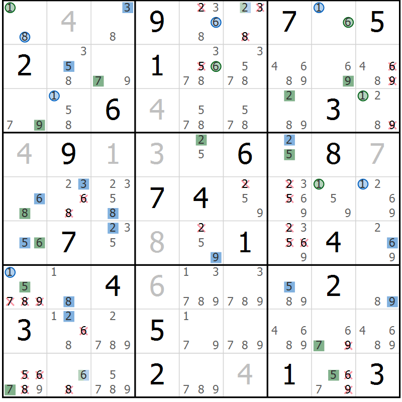 Position des candidats pour la solution de la Gr 17 page 20 du magazine de sudoku Suprême n° 030