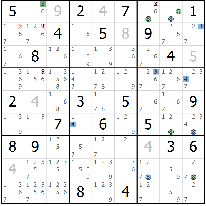 Position des candidats pour la solution de la Gr 18 page 21 du magazine de sudoku Suprême n° 030
