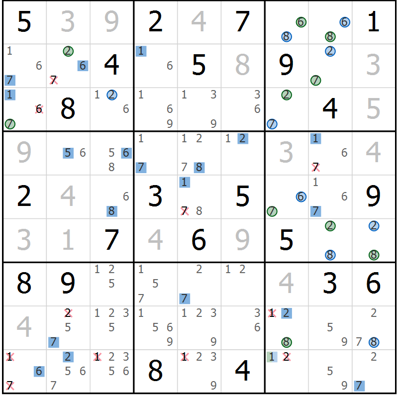 Position des candidats pour la solution de la Gr 18 page 21 du magazine de sudoku Suprême n° 030