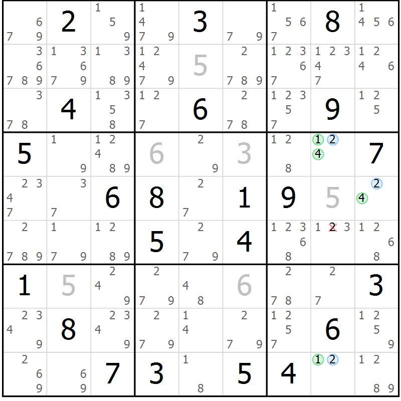 Position des candidats pour la solution de la Gr 19 page 22 du magazine de sudoku Suprême n° 030