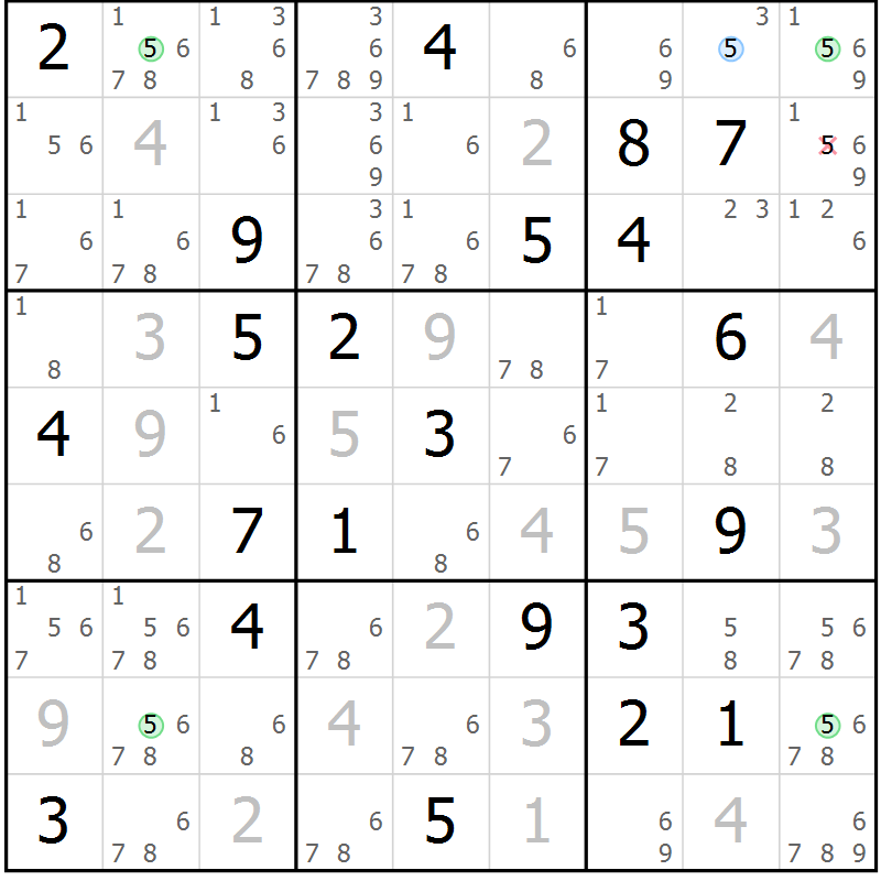 Position des candidats pour la solution de la Gr 2 page 5 du magazine de sudoku Suprême n° 030