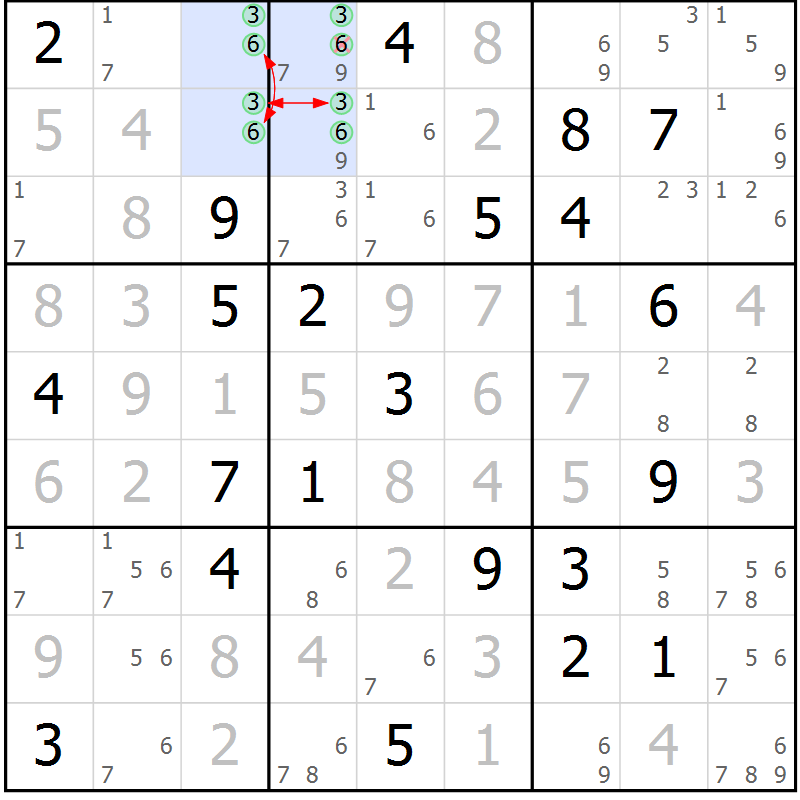 Position des candidats pour la solution de la Gr 2 page 5 du magazine de sudoku Suprême n° 030