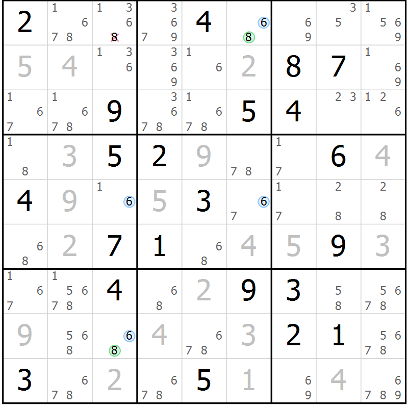 Position des candidats pour la solution de la Gr 2 page 5 du magazine de sudoku Suprême n° 030