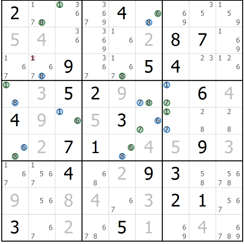 Position des candidats pour la solution de la Gr 2 page 5 du magazine de sudoku Suprême n° 030