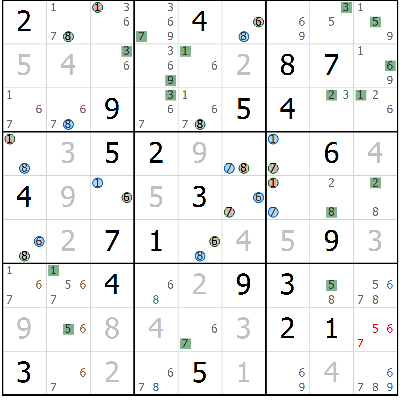 Position des candidats pour la solution de la Gr 2 page 5 du magazine de sudoku Suprême n° 030