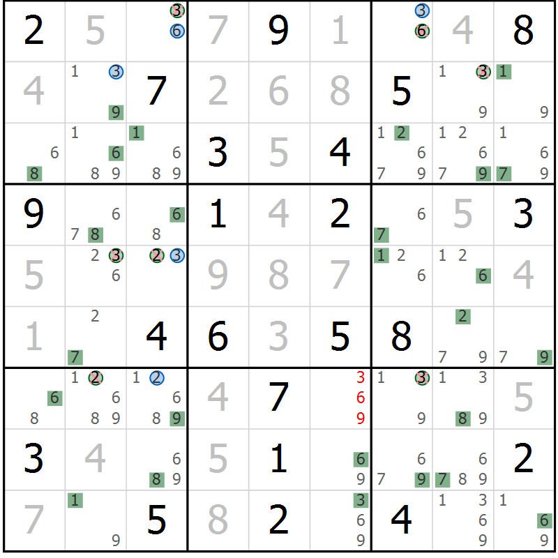 Position des candidats pour la solution de la Gr 21 page 24 du magazine de sudoku Suprême n° 030