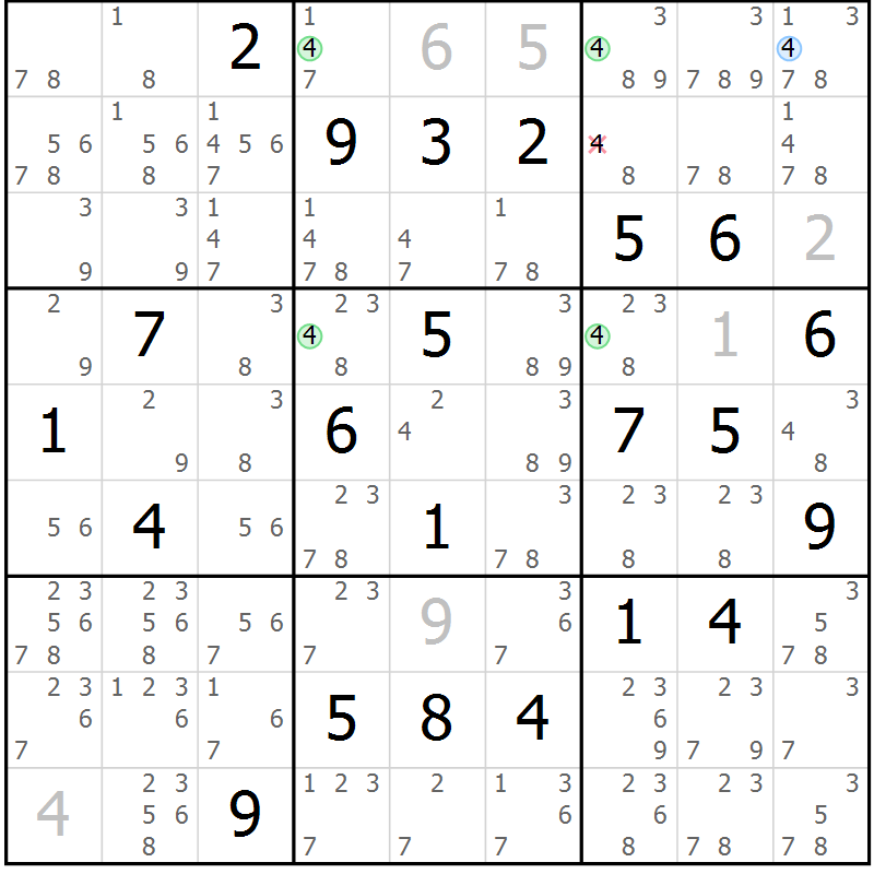 Position des candidats pour la solution de la Gr 22 page 25 du magazine de sudoku Suprême n° 030