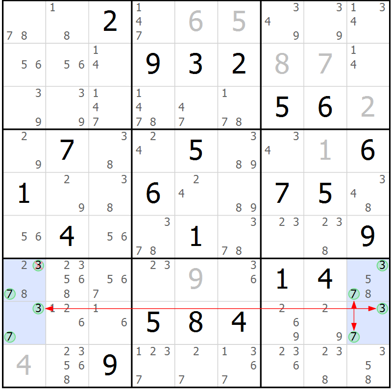 Position des candidats pour la solution de la Gr 22 page 25 du magazine de sudoku Suprême n° 030