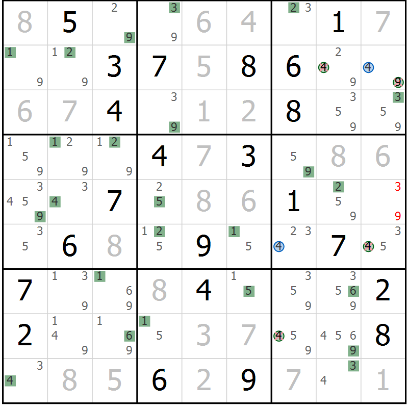Position des candidats pour la solution de la Gr 23 page 26 du magazine de sudoku Suprême n° 030