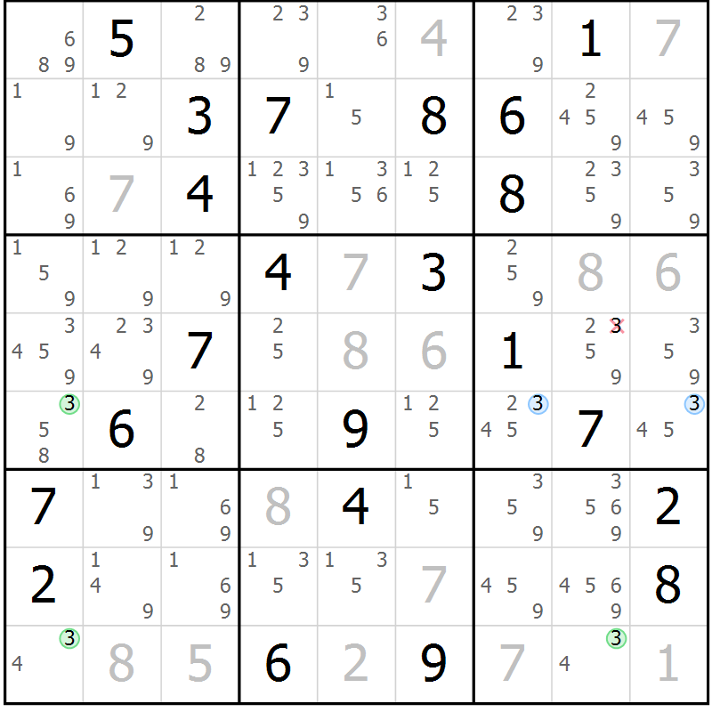 Position des candidats pour la solution de la Gr 23 page 26 du magazine de sudoku Suprême n° 030