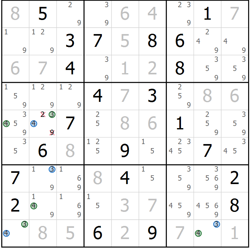 Position des candidats pour la solution de la Gr 23 page 26 du magazine de sudoku Suprême n° 030