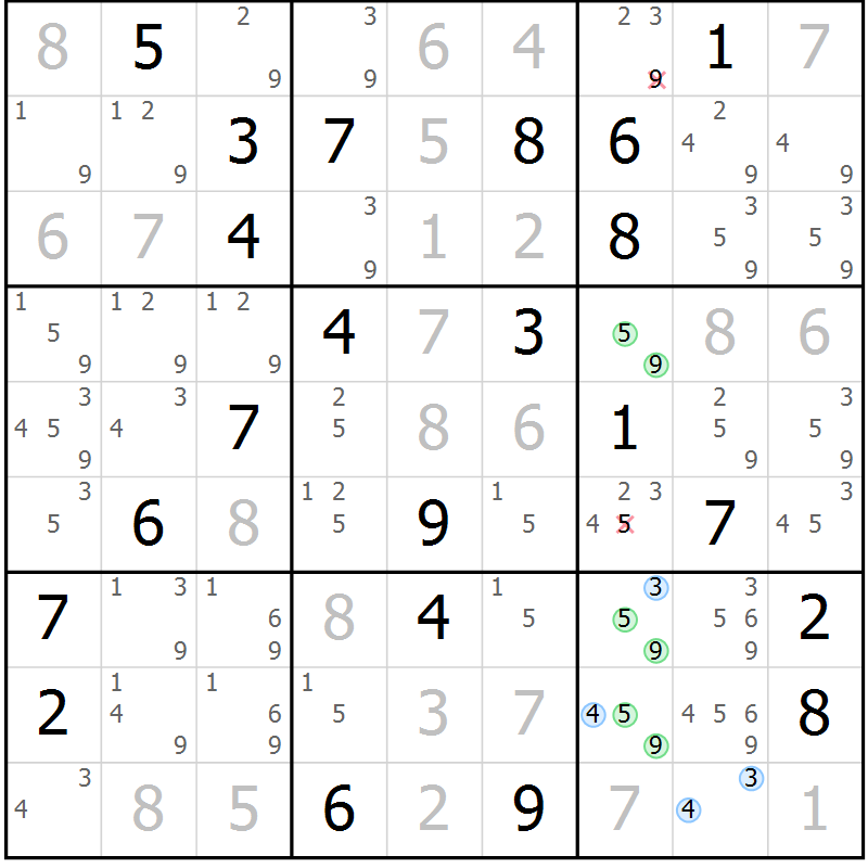 Position des candidats pour la solution de la Gr 23 page 26 du magazine de sudoku Suprême n° 030