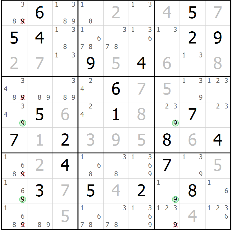 Position des candidats pour la solution de la Gr 24 page 27 du magazine de sudoku Suprême n° 030