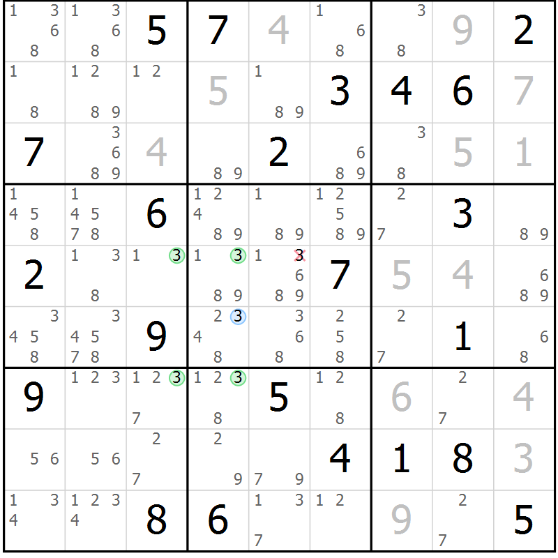 Position des candidats pour la solution de la Gr 27 page 30 du magazine de sudoku Suprême n° 030