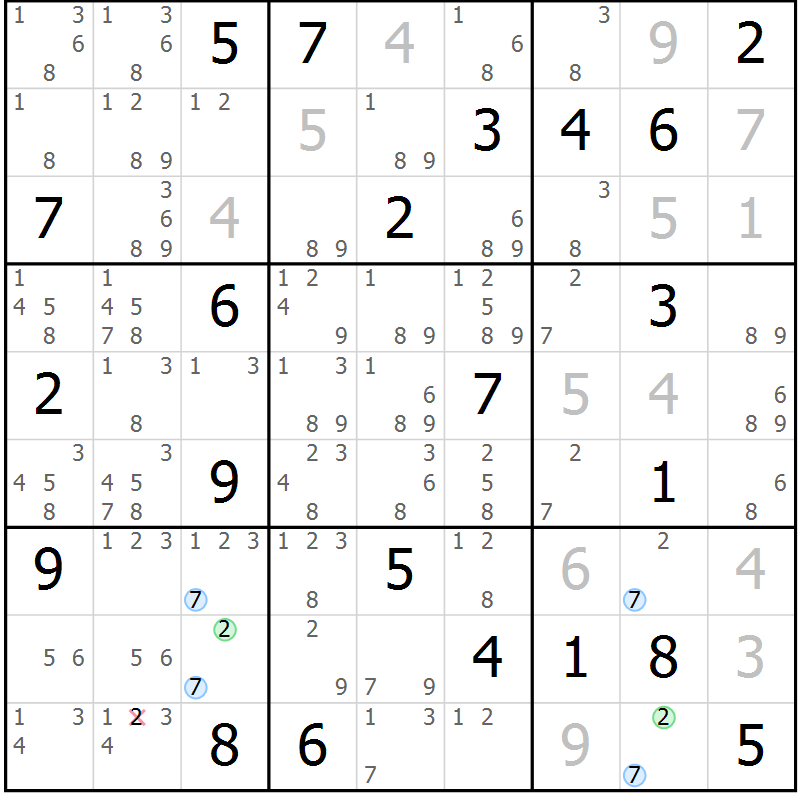 Position des candidats pour la solution de la Gr 27 page 30 du magazine de sudoku Suprême n° 030
