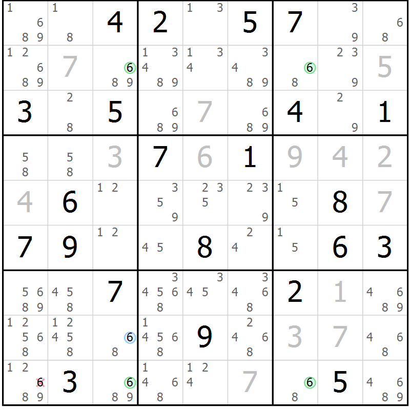 Position des candidats pour la solution de la Gr 28 page 31 du magazine de sudoku Suprême n° 030