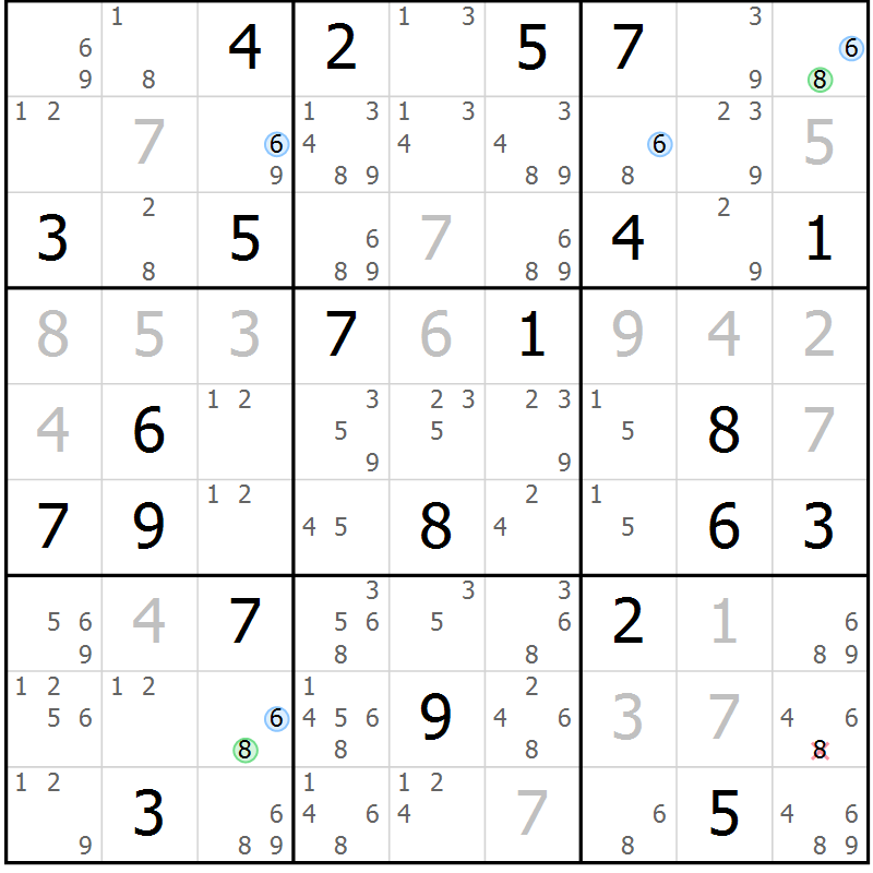 Position des candidats pour la solution de la Gr 28 page 31 du magazine de sudoku Suprême n° 030