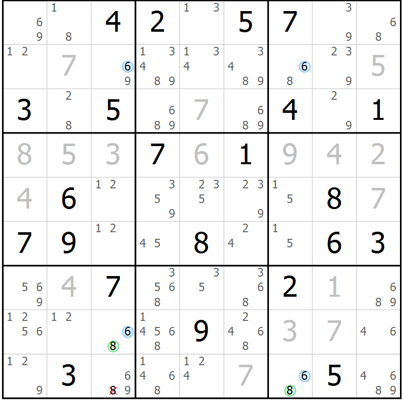 Position des candidats pour la solution de la Gr 28 page 31 du magazine de sudoku Suprême n° 030