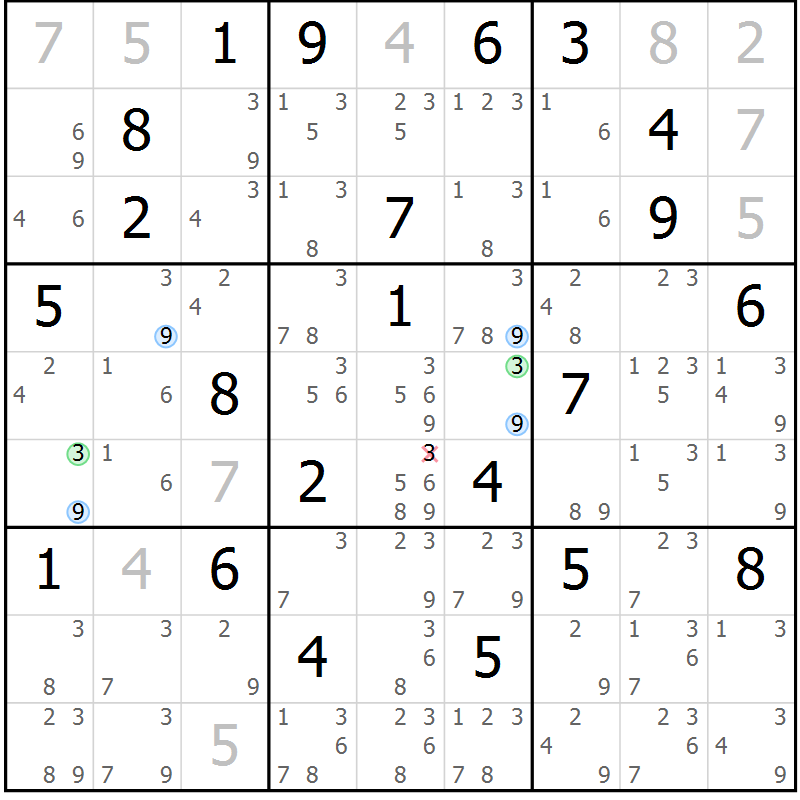 Position des candidats pour la solution de la Gr 3 page 6 du magazine de sudoku Suprême n° 030