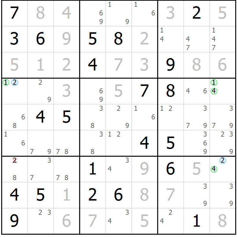 Position des candidats pour la solution de la Gr 30 page 33 du magazine de sudoku Suprême n° 030