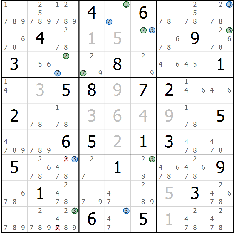 Position des candidats pour la solution de la Gr 32 page 35 du magazine de sudoku Suprême n° 030