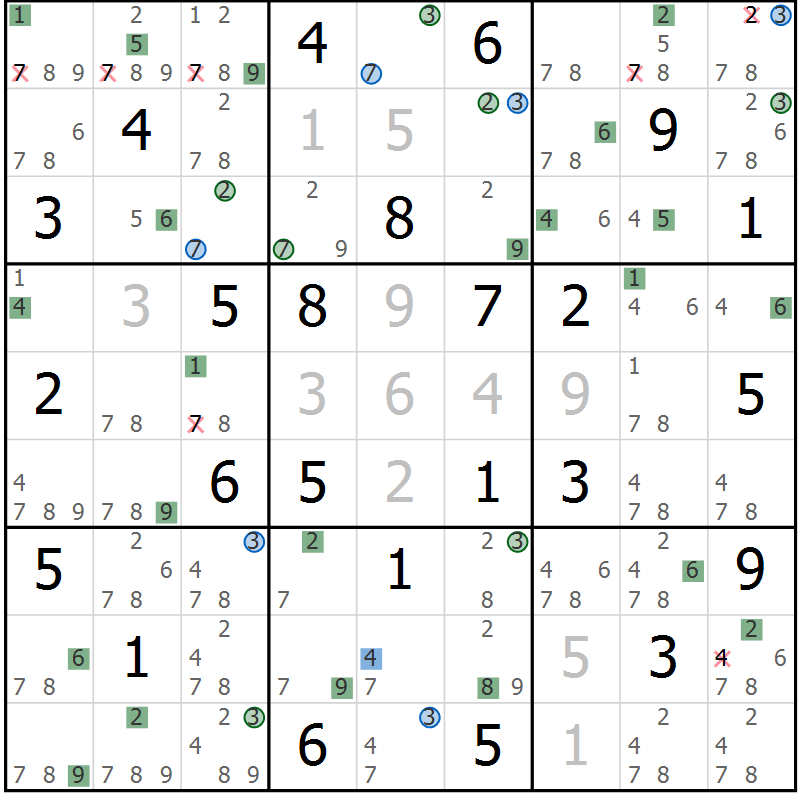 Position des candidats pour la solution de la Gr 32 page 35 du magazine de sudoku Suprême n° 030