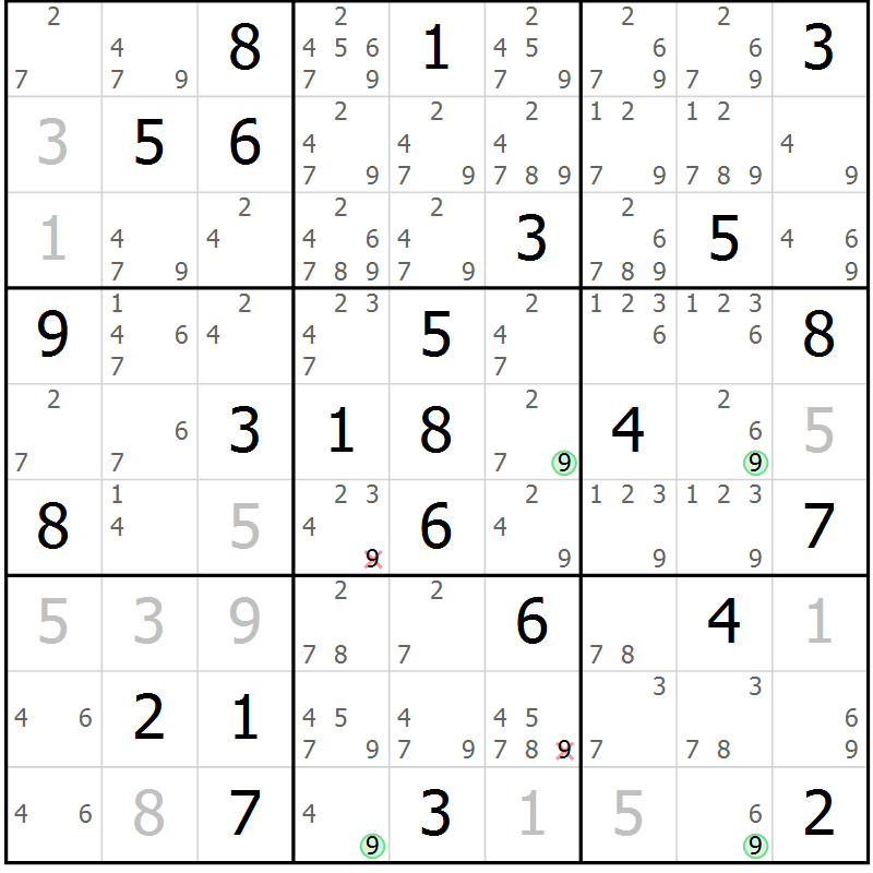 Position des candidats pour la solution de la Gr 33 page 36 du magazine de sudoku Suprême n° 030