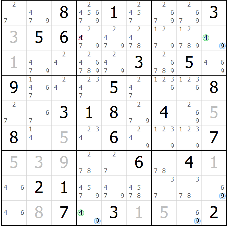Position des candidats pour la solution de la Gr 33 page 36 du magazine de sudoku Suprême n° 030