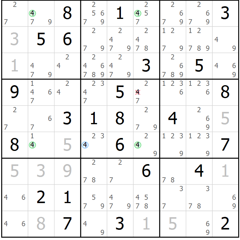Position des candidats pour la solution de la Gr 33 page 36 du magazine de sudoku Suprême n° 030
