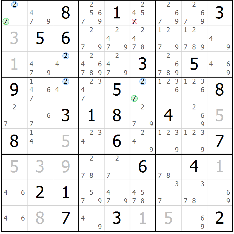 Position des candidats pour la solution de la Gr 33 page 36 du magazine de sudoku Suprême n° 030