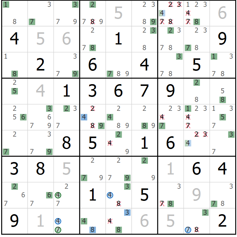 Position des candidats pour la solution de la Gr 35 page 38 du magazine de sudoku Suprême n° 030
