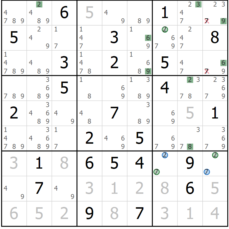 Position des candidats pour la solution de la Gr 39 page 42 du magazine de sudoku Suprême n° 030