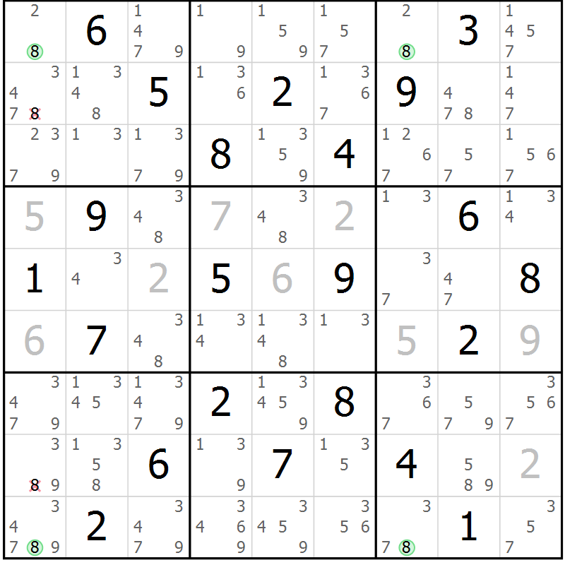 Position des candidats pour la solution de la Gr 4 page 7 du magazine de sudoku Suprême n° 030