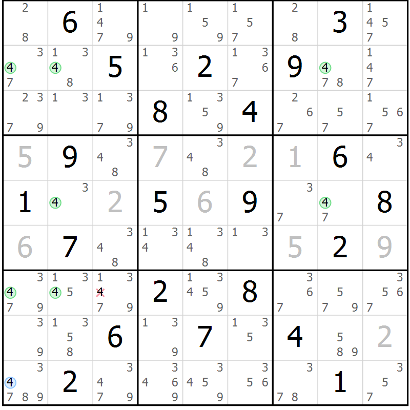 Position des candidats pour la solution de la Gr 4 page 7 du magazine de sudoku Suprême n° 030