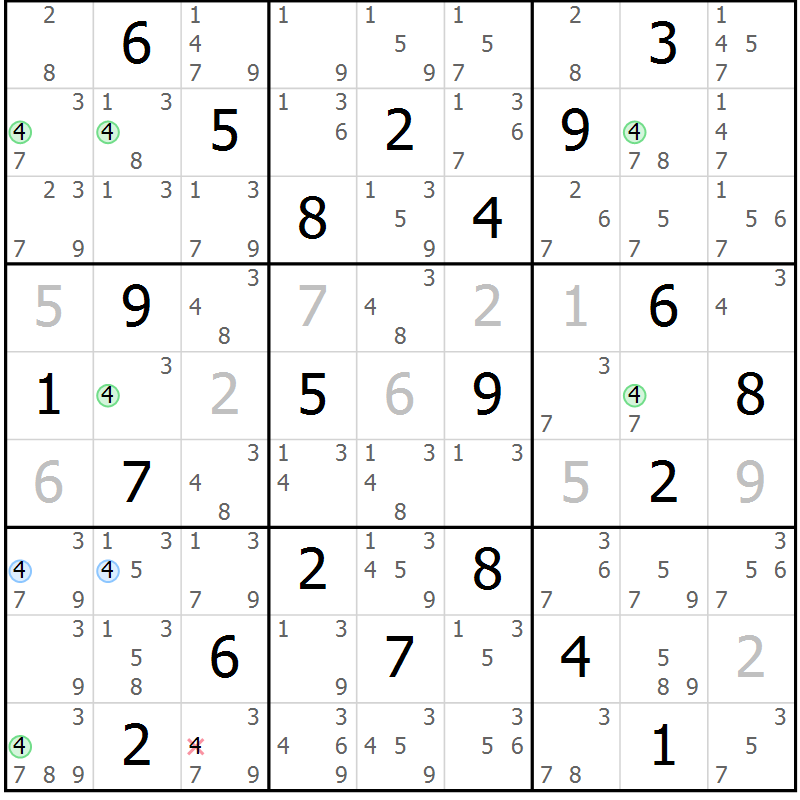 Position des candidats pour la solution de la Gr 4 page 7 du magazine de sudoku Suprême n° 030
