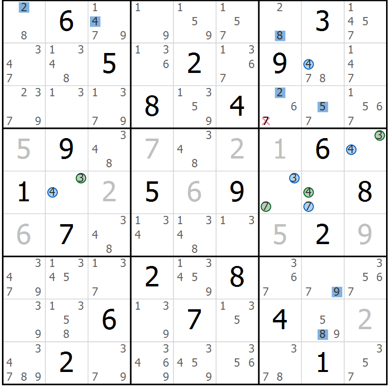 Position des candidats pour la solution de la Gr 4 page 7 du magazine de sudoku Suprême n° 030