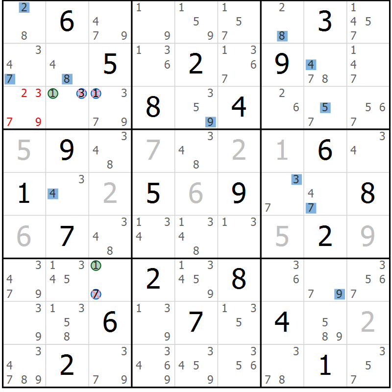 Position des candidats pour la solution de la Gr 4 page 7 du magazine de sudoku Suprême n° 030