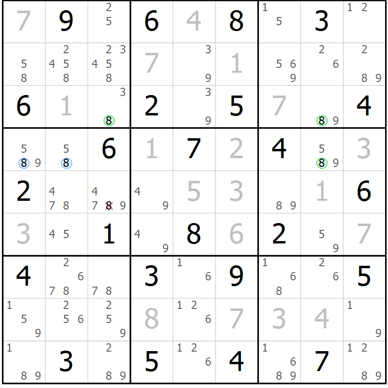Position des candidats pour la solution de la Gr 40 page 43 du magazine de sudoku Suprême n° 030
