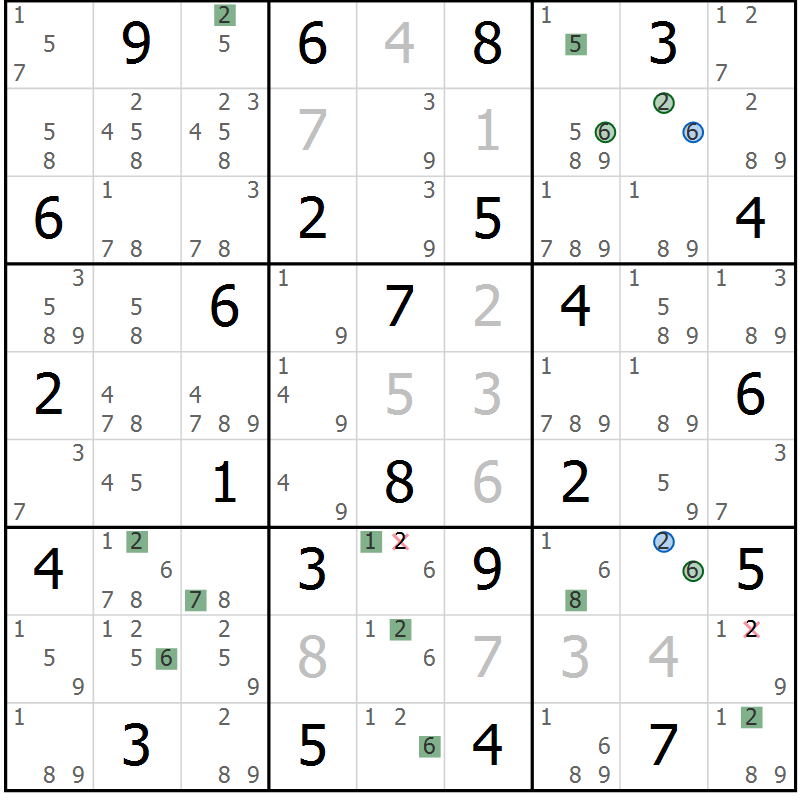 Position des candidats pour la solution de la Gr 40 page 43 du magazine de sudoku Suprême n° 030