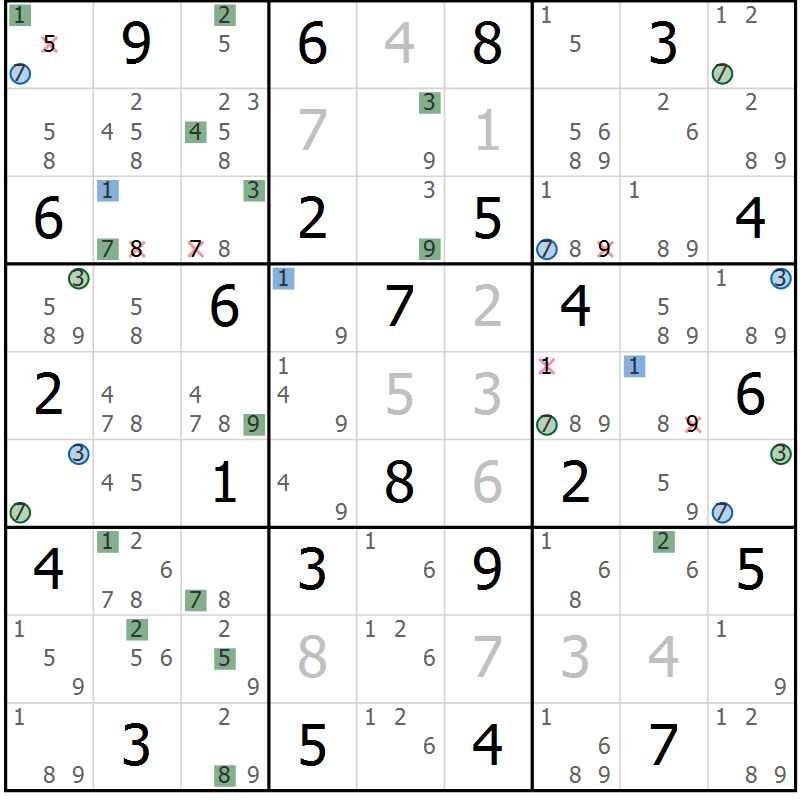 Position des candidats pour la solution de la Gr 40 page 43 du magazine de sudoku Suprême n° 030