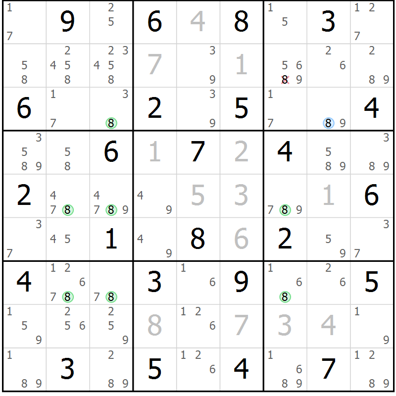 Position des candidats pour la solution de la Gr 40 page 43 du magazine de sudoku Suprême n° 030