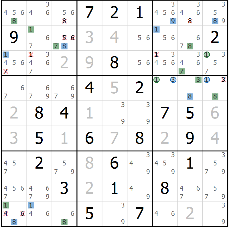 Position des candidats pour la solution de la Gr 42 page 45 du magazine de sudoku Suprême n° 030