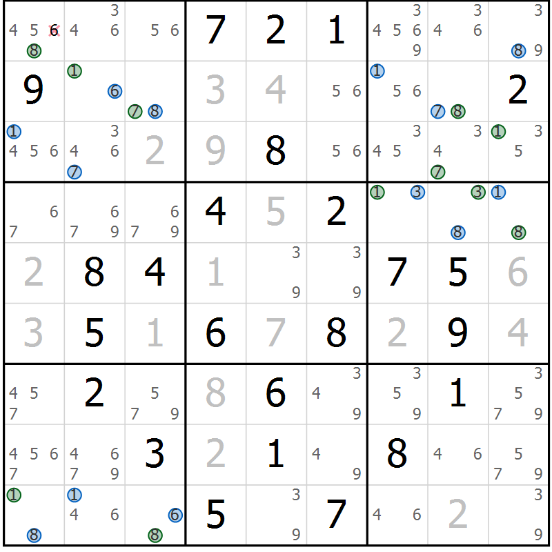Position des candidats pour la solution de la Gr 42 page 45 du magazine de sudoku Suprême n° 030