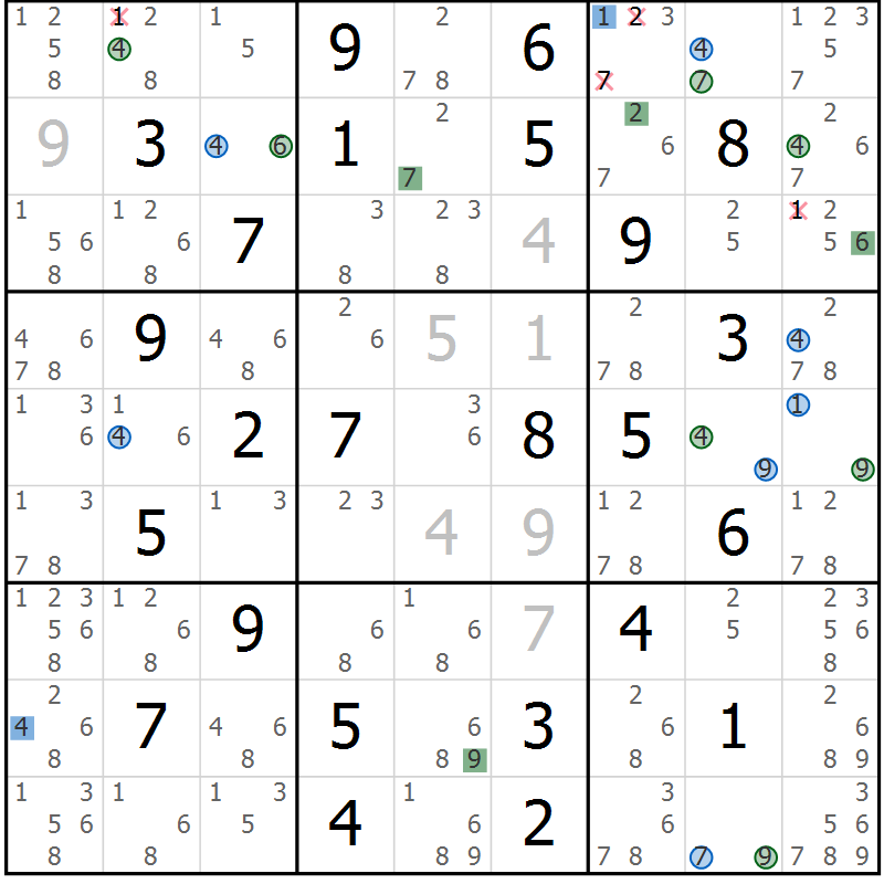 Position des candidats pour la solution de la Gr 43 page 46 du magazine de sudoku Suprême n° 030