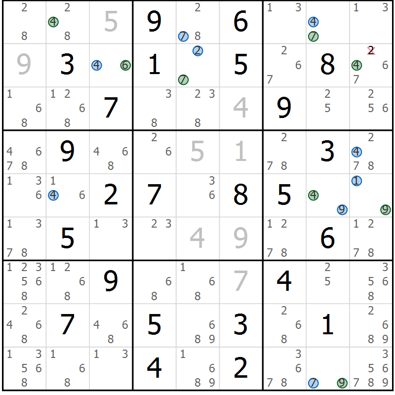 Position des candidats pour la solution de la Gr 43 page 46 du magazine de sudoku Suprême n° 030